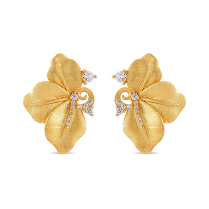 Elise Petal Studs, pair of brushed gold flower studs with cubic zirconia swirl, front view, straight on