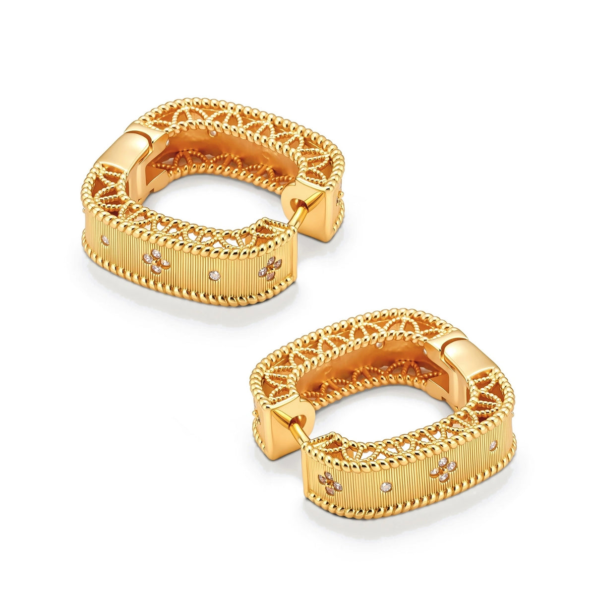 Margaux Square Huggies, pair lying flat showing the hinged closure and pierced inner wall