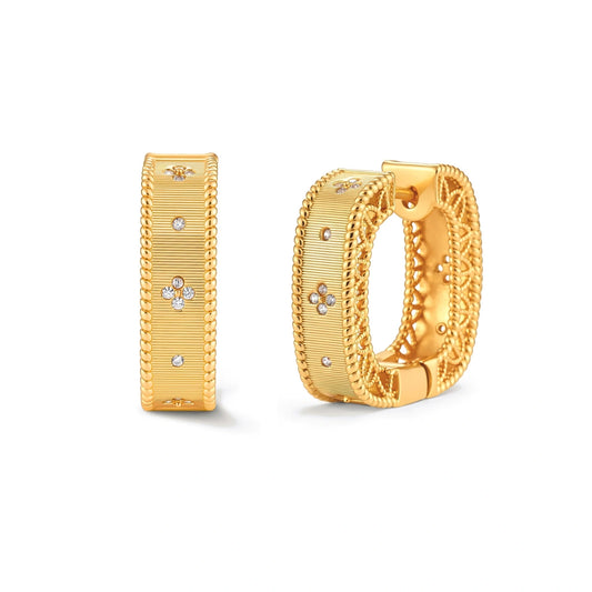 Margaux Square Huggies, pair of rounded-square gold huggies with ribbed front, rope-twist edges and cubic zirconia clusters, one front-on and one turned to show the open-work inner wall