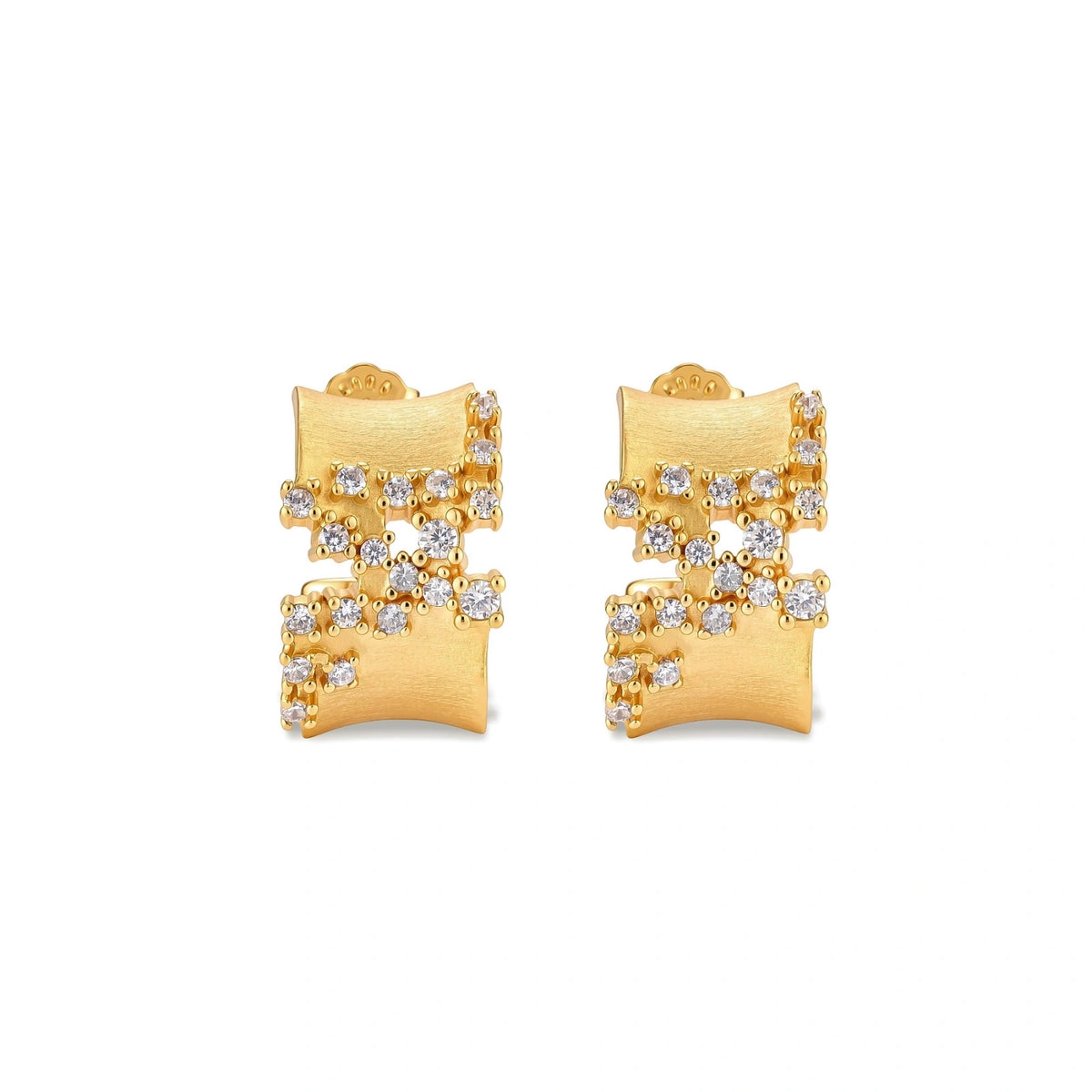 Stella Pavé Hoops, pair of brushed gold hoops with cubic zirconia clusters, front view
