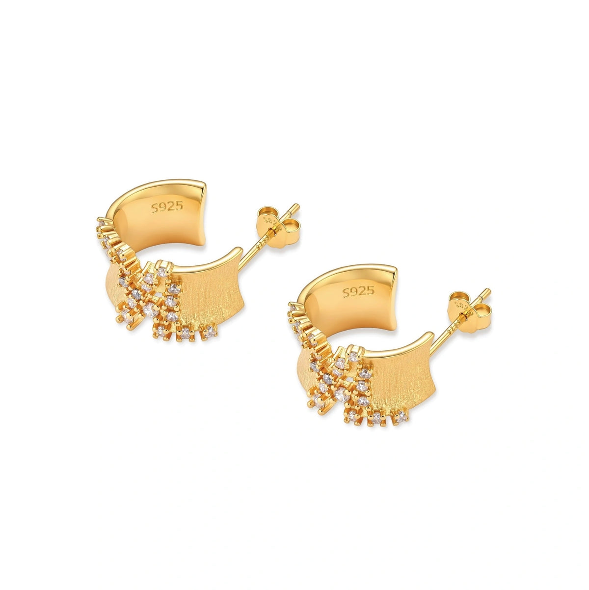 Stella Pavé Hoops, pair lying flat showing the post backs, butterfly backs and S925 stamp