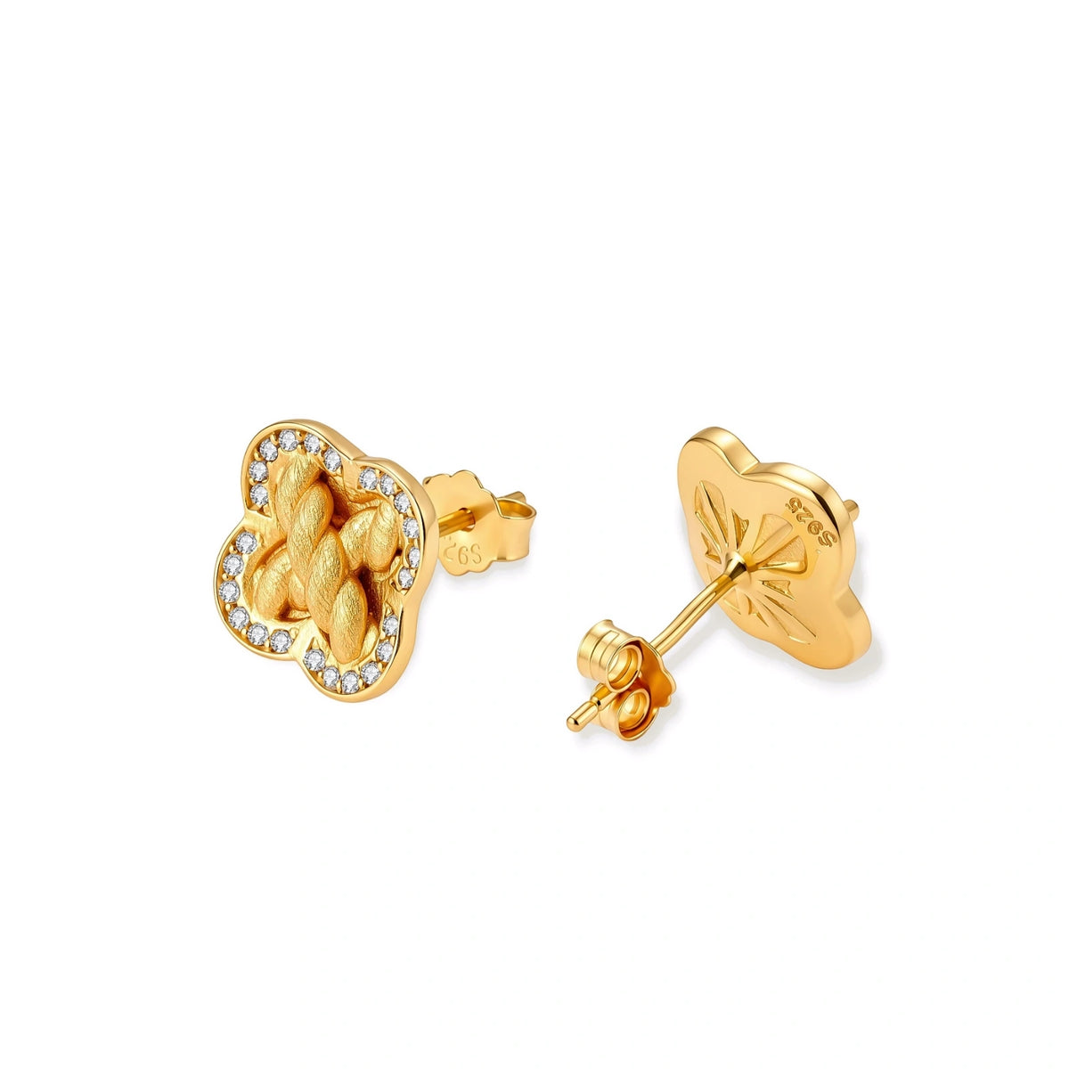 Ines Clover Studs, one clover stud front view beside one turned to show the back, 925 stamp and butterfly push-back post