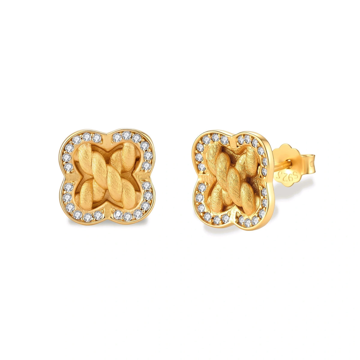 Ines Clover Studs, pair of gold four-leaf clover studs with braided centre and cubic zirconia border, angled front view, posts visible