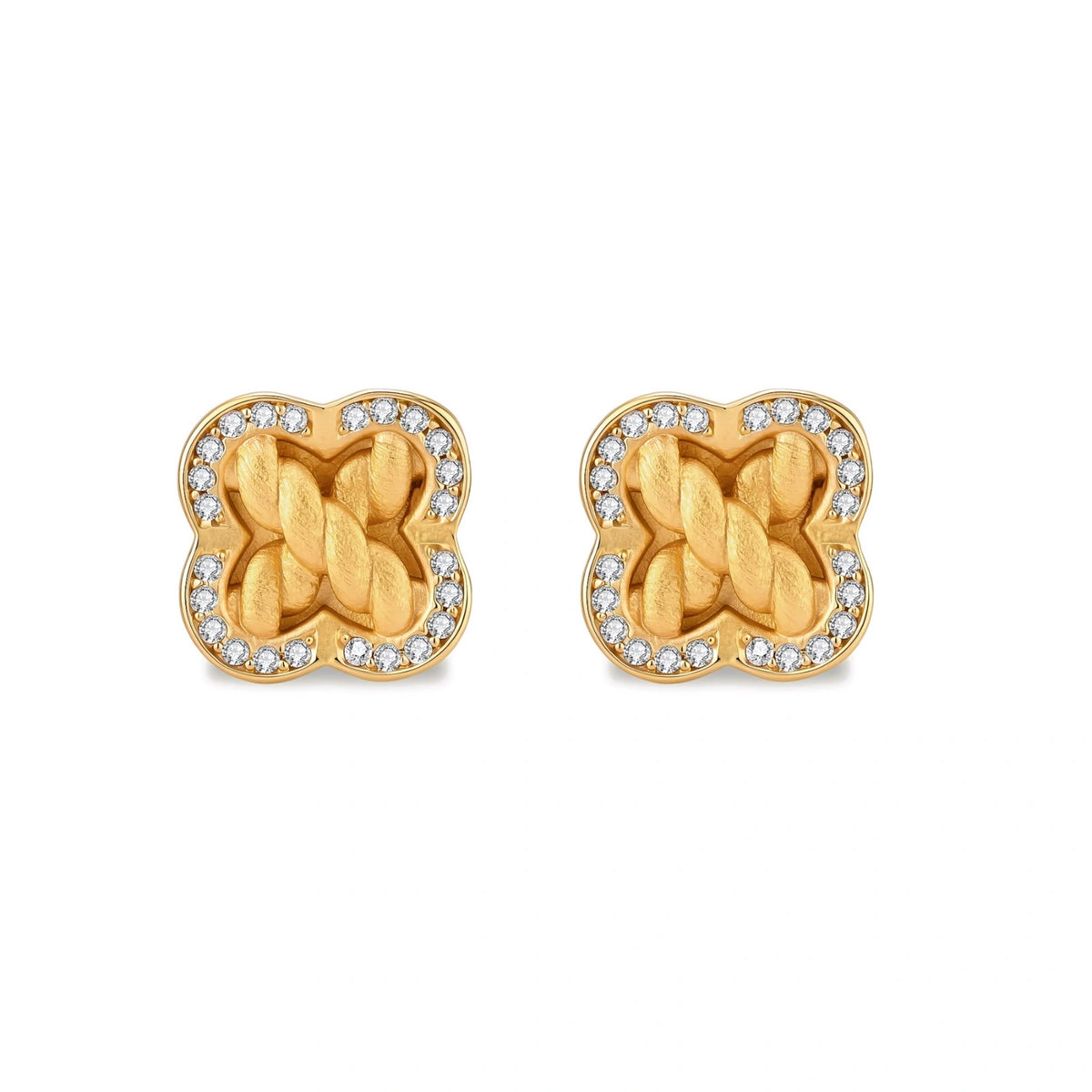 Ines Clover Studs, pair of gold clover studs with braided centre and cubic zirconia border, straight-on front view