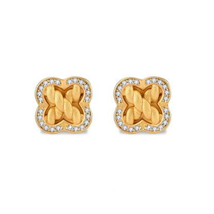 Ines Clover Studs, pair of gold clover studs with braided centre and cubic zirconia border, straight-on front view