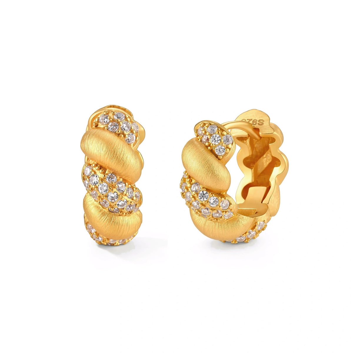Bria Braided Huggies, pair of gold huggie hoops with alternating brushed and pavé cubic zirconia twist segments, one front-on and one turned to show the hinge