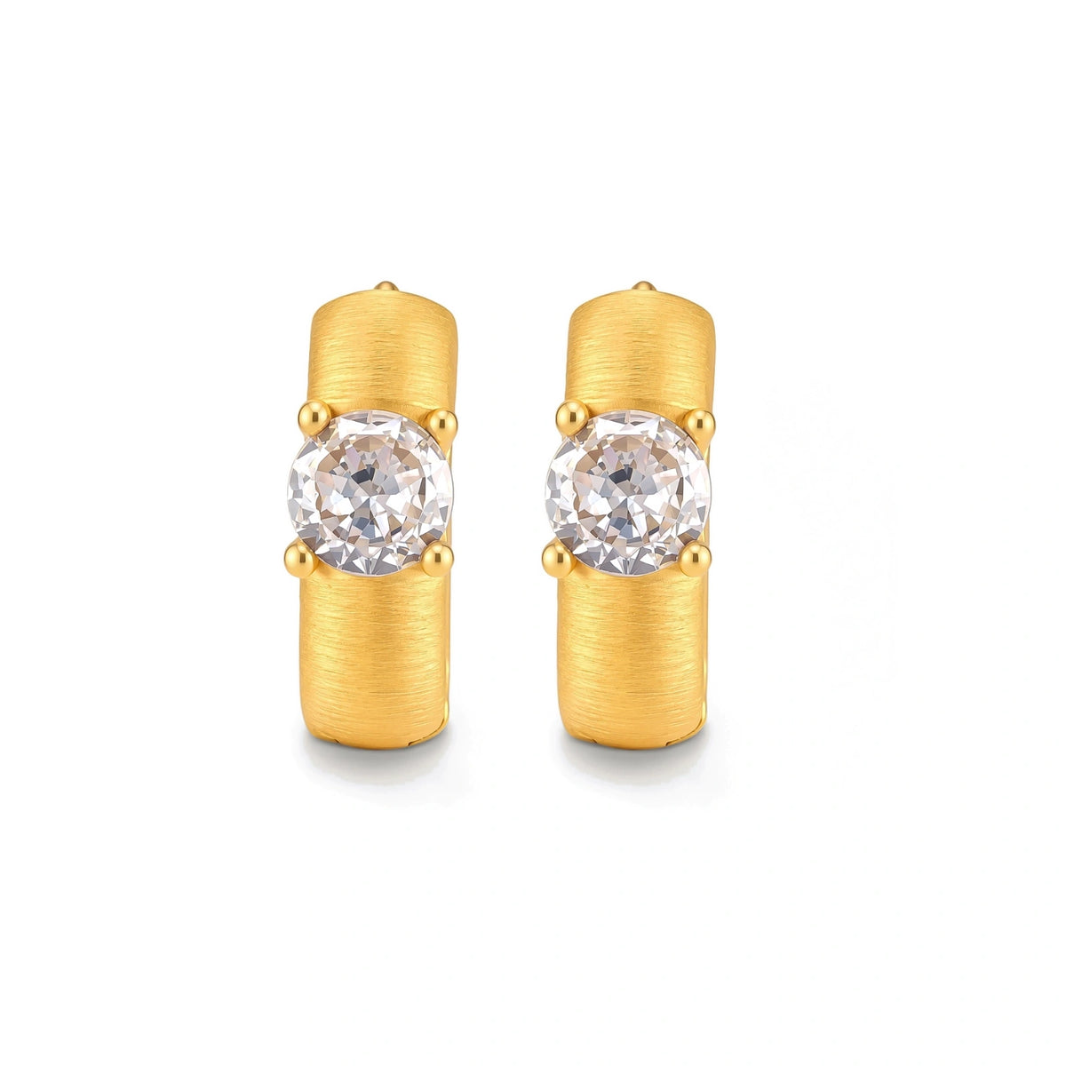 Juno Solitaire Huggies, pair of brushed gold huggie hoops, stones facing forward, straight-on front view