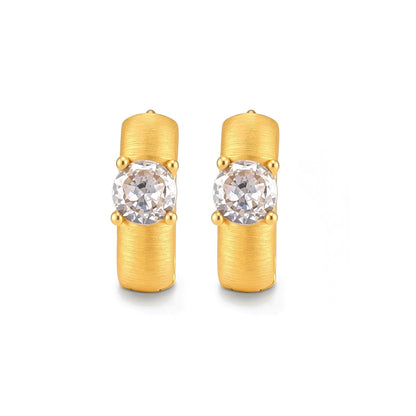 Juno Solitaire Huggies, pair of brushed gold huggie hoops, stones facing forward, straight-on front view