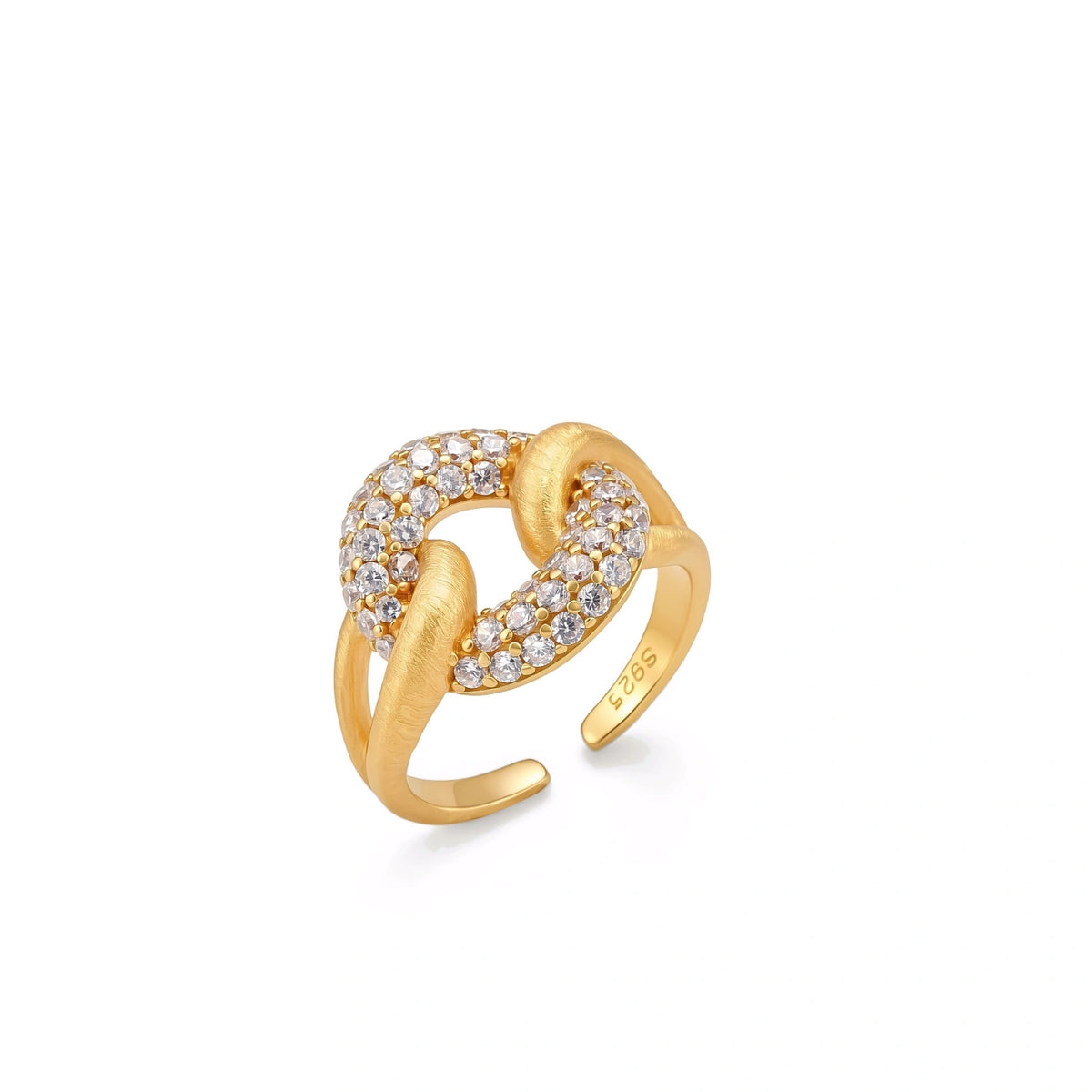 Lena Link Ring, gold adjustable ring with a pavé cubic zirconia oval interlinked with a brushed gold oval, angled view showing the open band