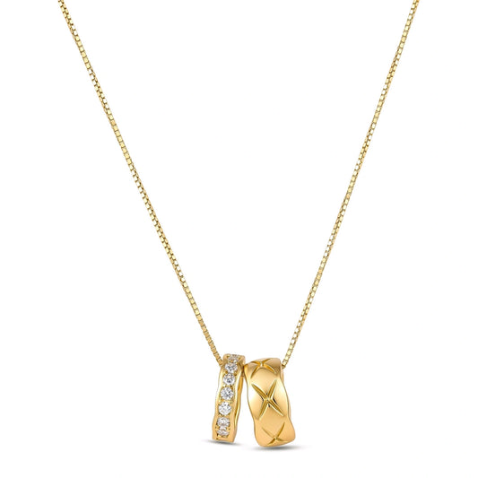 Gemma Twin Ring Necklace, two small interlocking gold ring charms, one quilted and one set with cubic zirconia, hanging on a fine box chain, full length