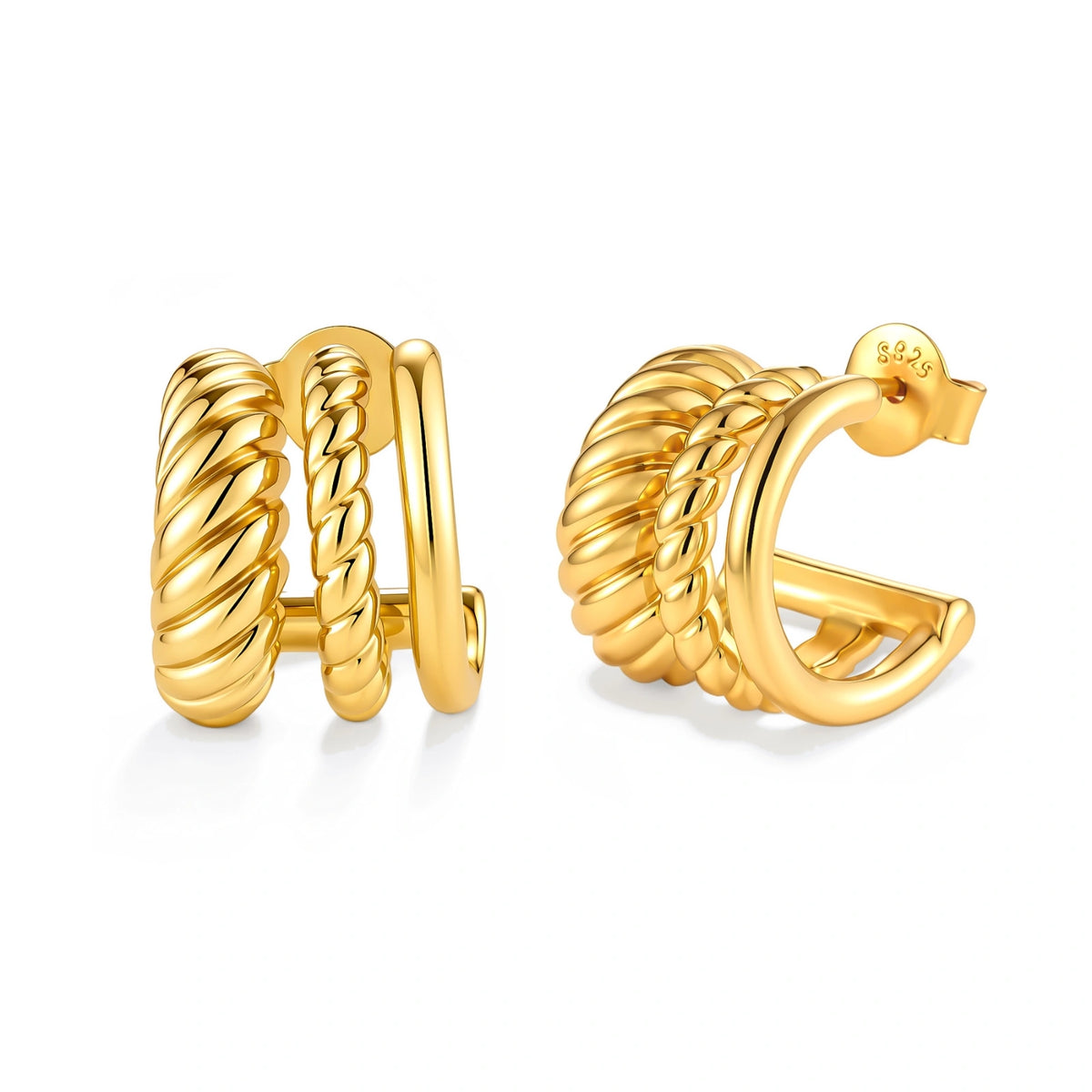 Tessa Triple Hoops, pair of gold triple hoop earrings with rope-twist, braided and smooth bands, one front-on and one turned to show the post