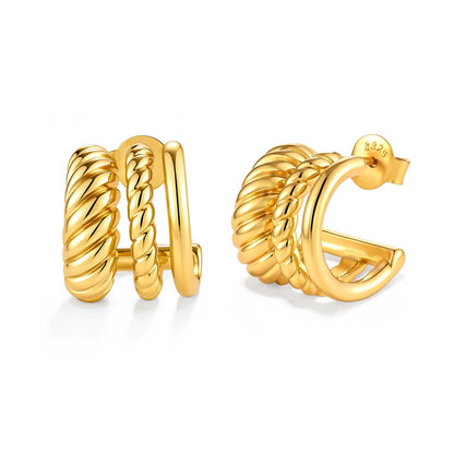 Tessa Triple Hoops, pair of gold triple hoop earrings with rope-twist, braided and smooth bands, one front-on and one turned to show the post