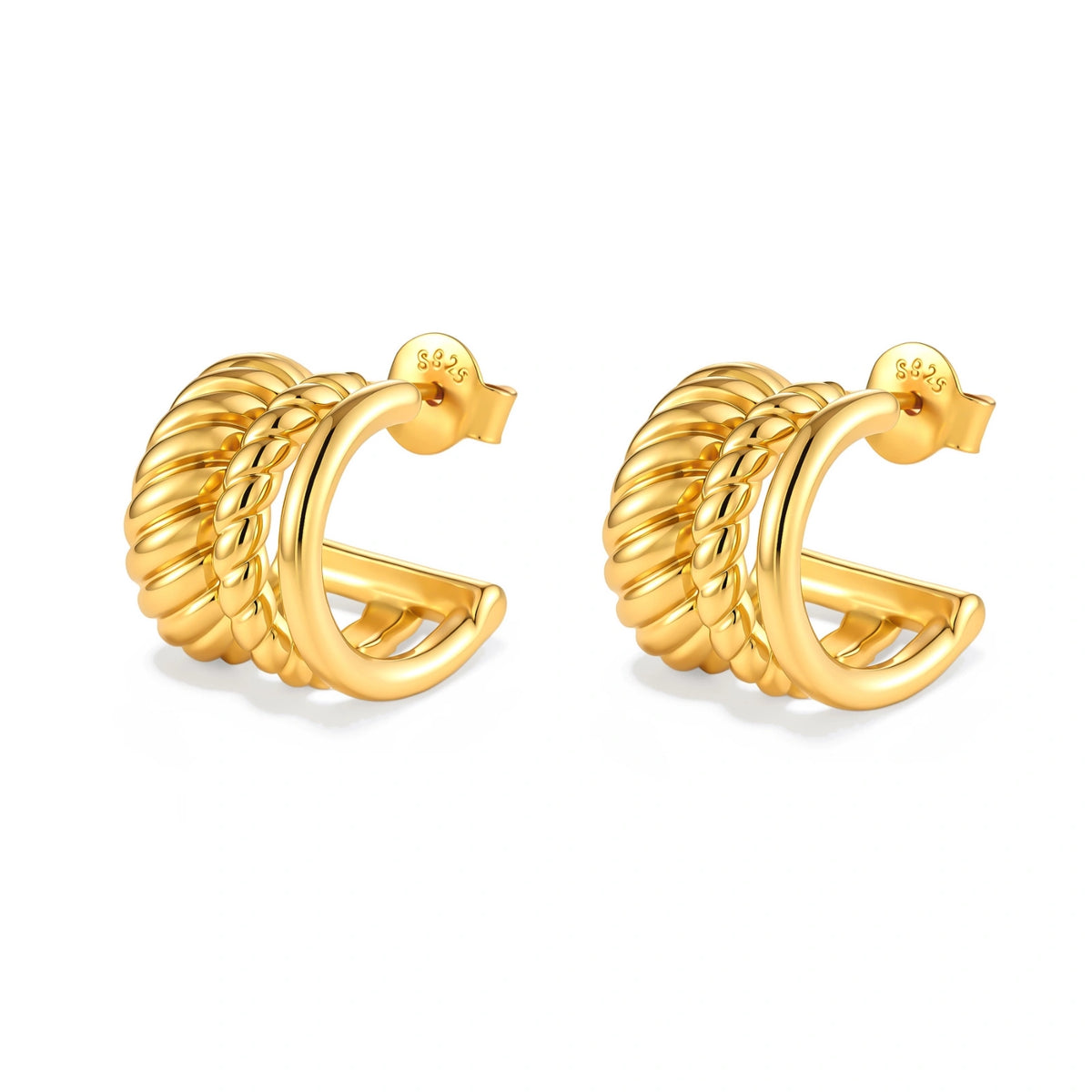 Tessa Triple Hoops, pair angled to show the three bands and post back