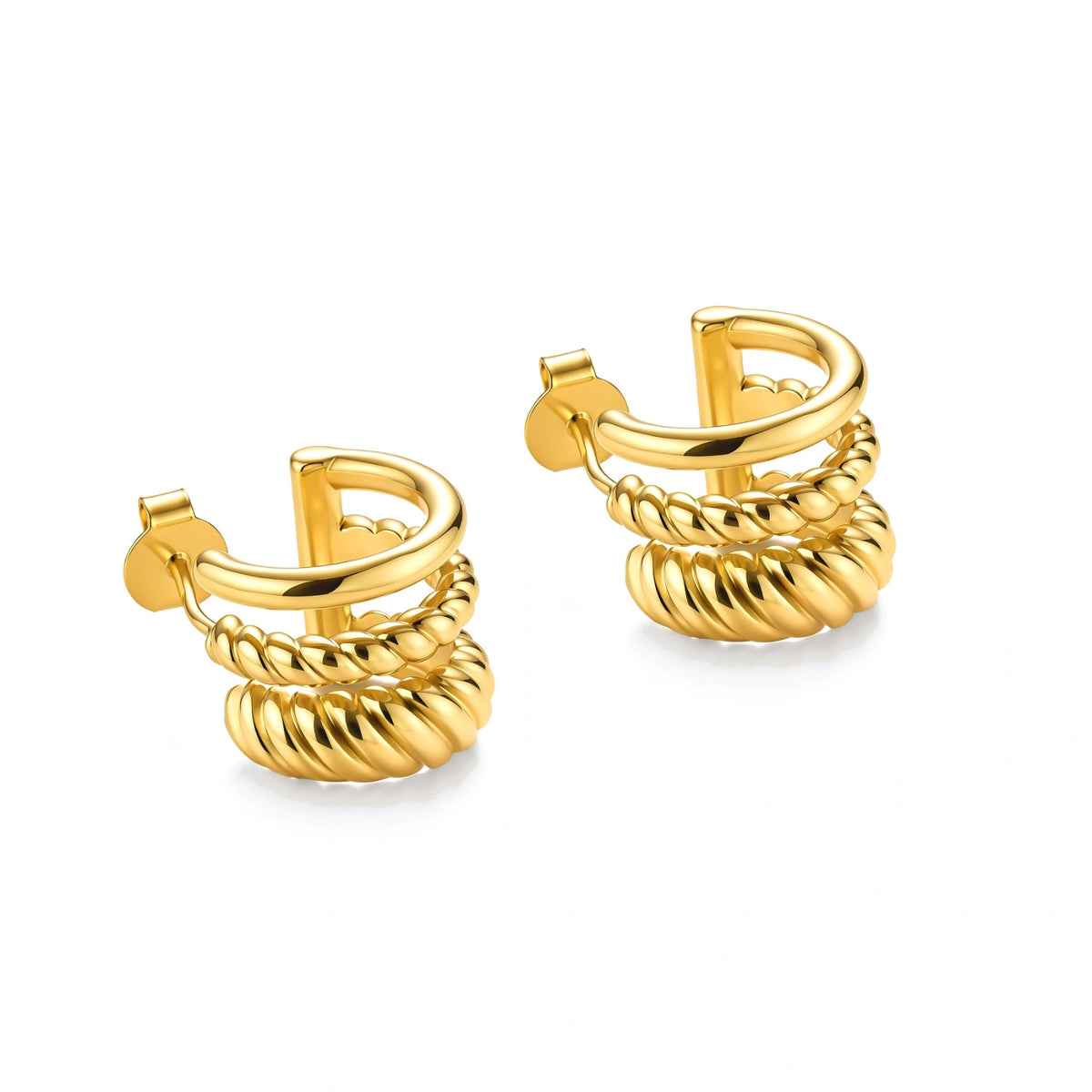 Tessa Triple Hoops, pair lying flat showing the open hoop shape, posts and butterfly backs