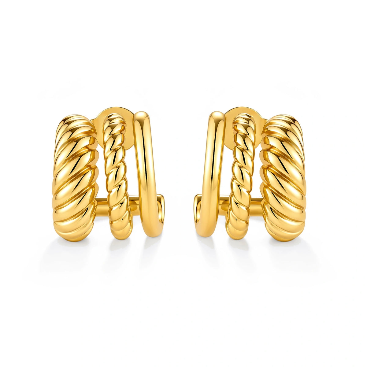 Tessa Triple Hoops, pair of triple-band gold hoops side by side, front view