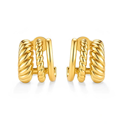 Tessa Triple Hoops, pair of triple-band gold hoops side by side, front view