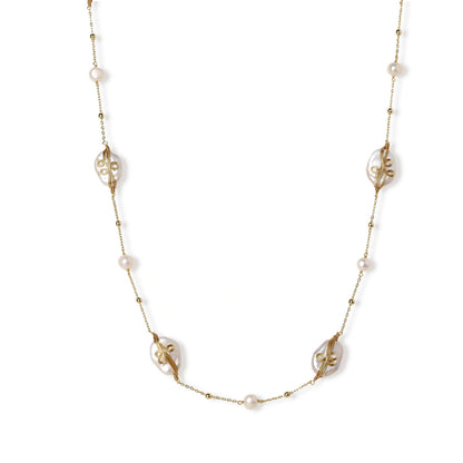 Rosalind Baroque Pearl Necklace, long gold-tone chain necklace with baroque and freshwater pearls, full length