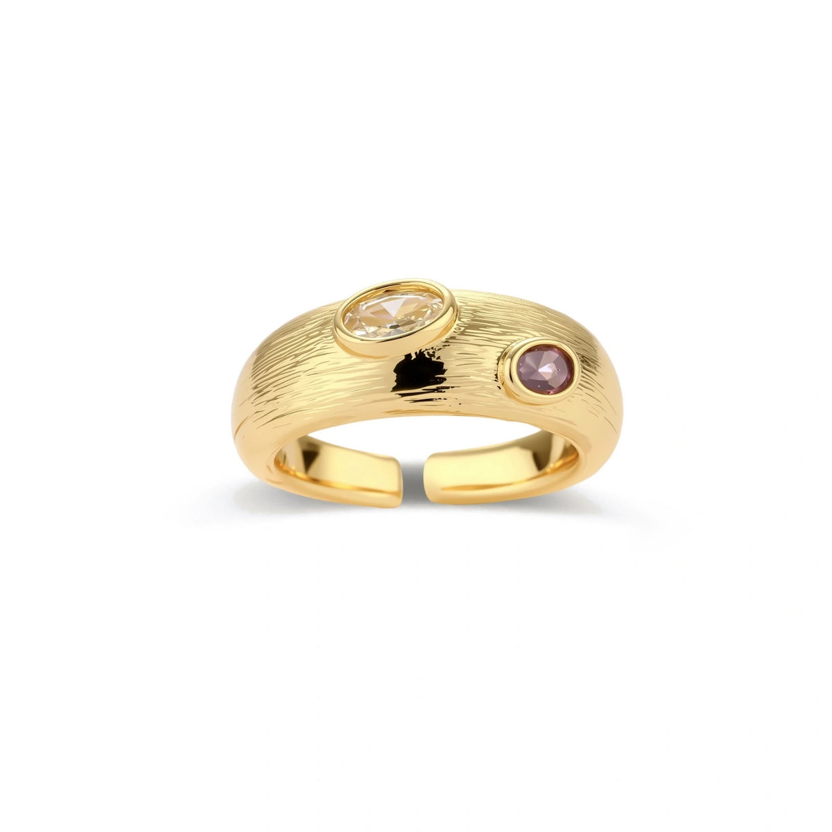 Corinne Dual Gem Ring close-up of brushed texture and bezel-set stones
