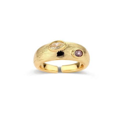 Corinne Dual Gem Ring close-up of brushed texture and bezel-set stones