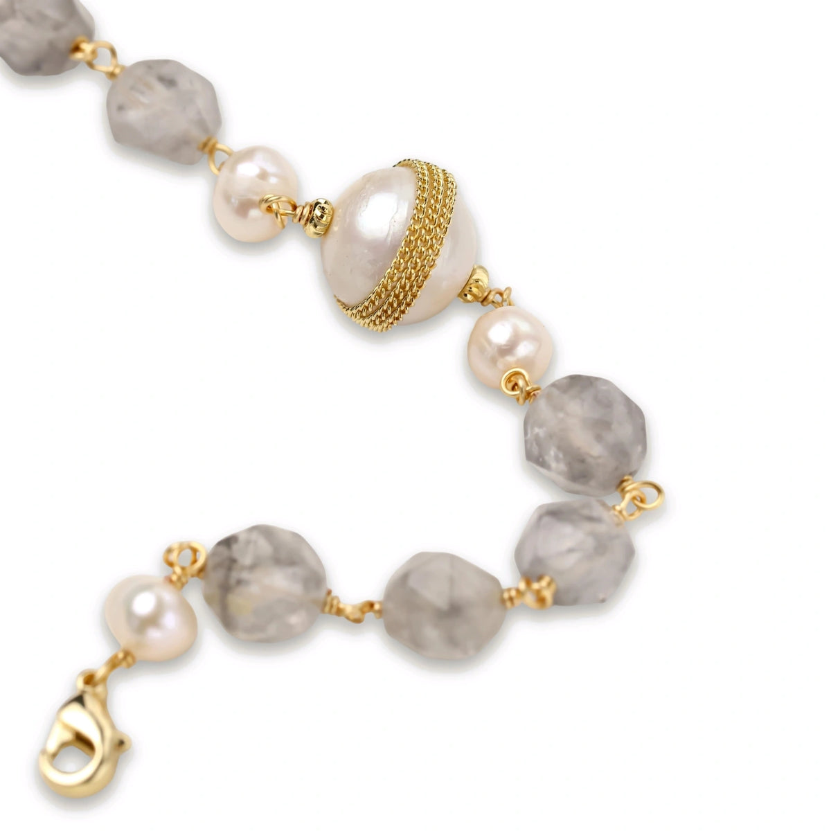 Baroque Pearl Crystal Bracelet detail with wire-wrapped pearl and gold coil