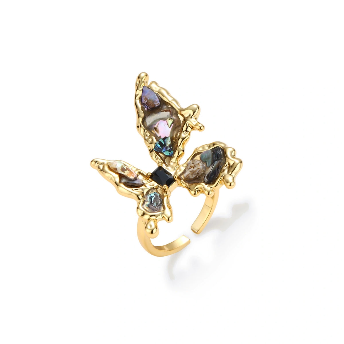 Marina Butterfly Ring in gold-tone brass with abalone-toned shell pearl inlay and black baguette stone