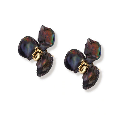Seraphina Bloom Pearl Earrings, pair angled to show the gold-tone center and post