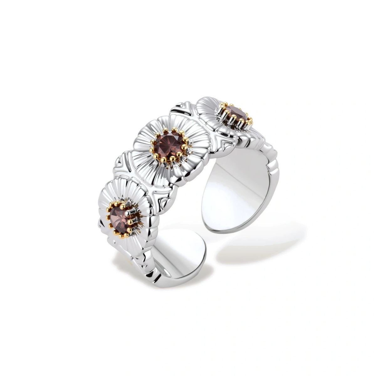 Garden Bloom Ring in two-tone gold-plated recycled brass with smoky-brown zirconia flowers