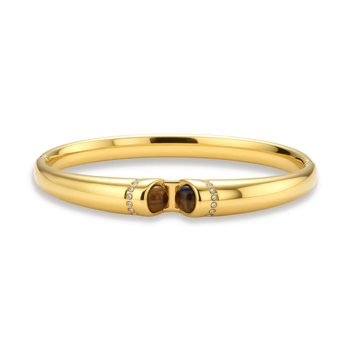 Lucienne Tiger's Eye Bangle, gold-tone hinged bangle with tiger's eye cabochons, front view