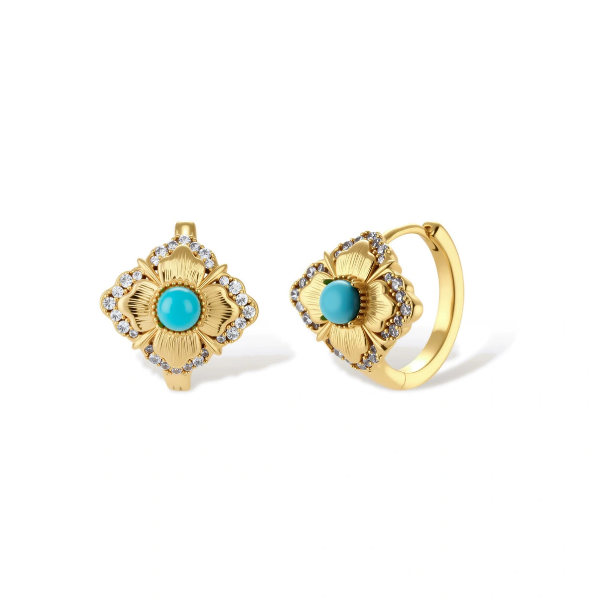 Sylvaine Turquoise Bloom Hoops, gold huggie hoops with turquoise cabochon and pavé zirconia, front view