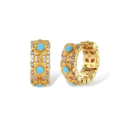 Camellia Garden Hoops, gold floral huggie hoops with turquoise cabochon centers, front view