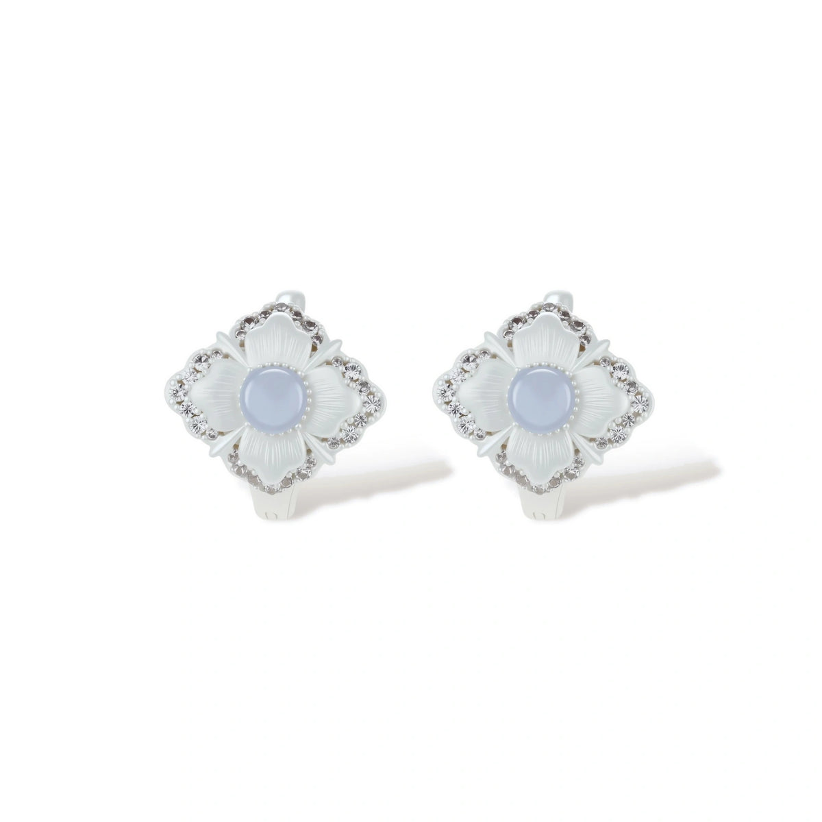 Fiora Mismatched Flower Earrings, close-up of zirconia quatrefoil border