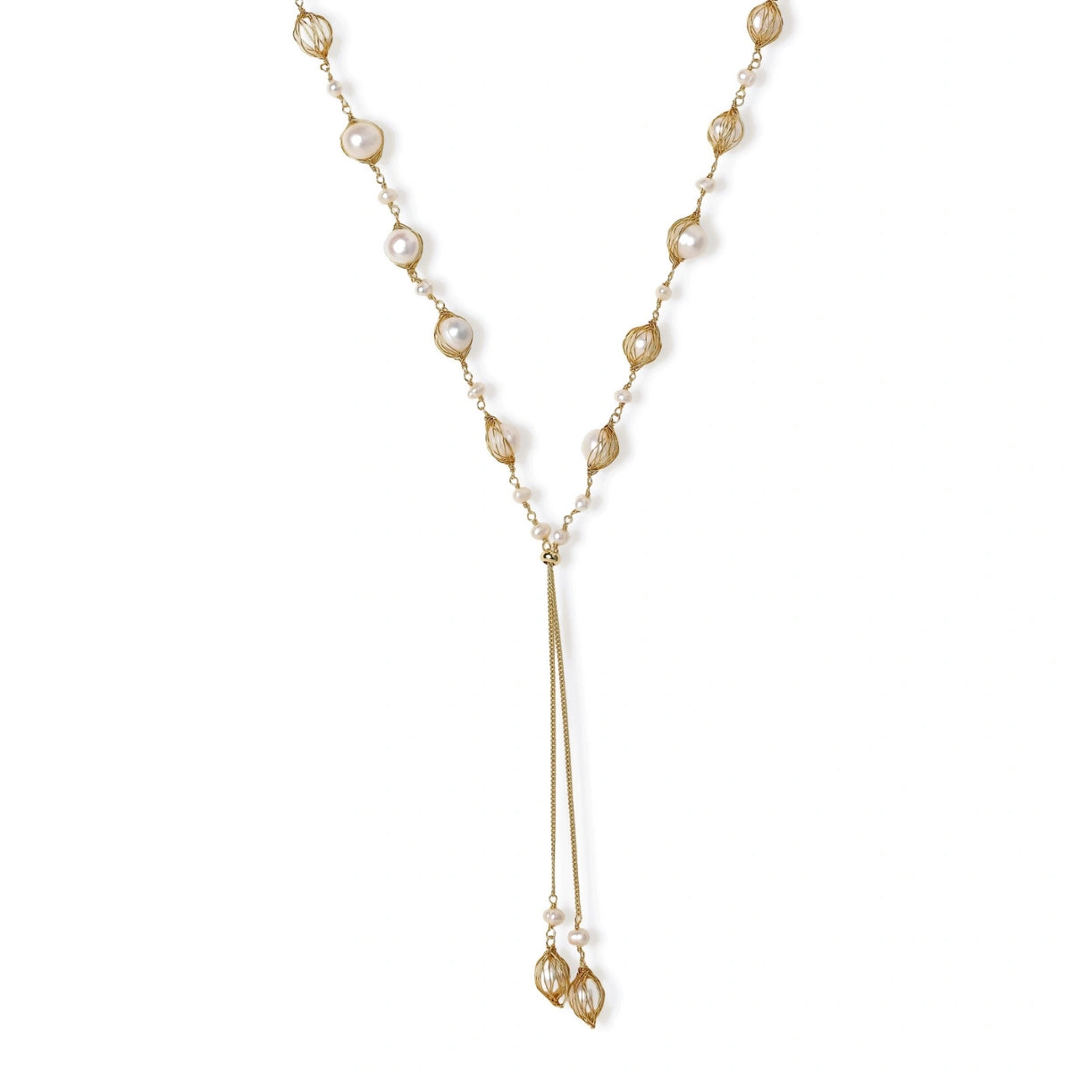 Golden Pearl Lariat in 14K gold-plated recycled brass with caged freshwater pearls