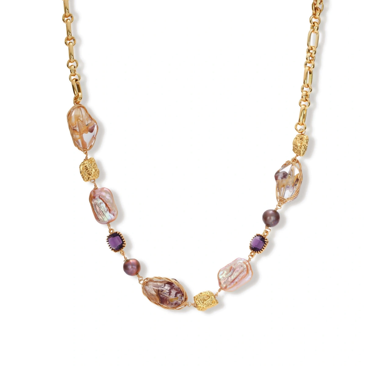 Seraphina Mixed Pearl Necklace, gold-tone chain necklace with mixed pearl and stone accents, full length
