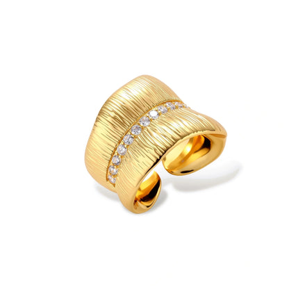 Tamsin Ridged Cuff Ring, wide gold ridged cuff ring with pavé zirconia, front view