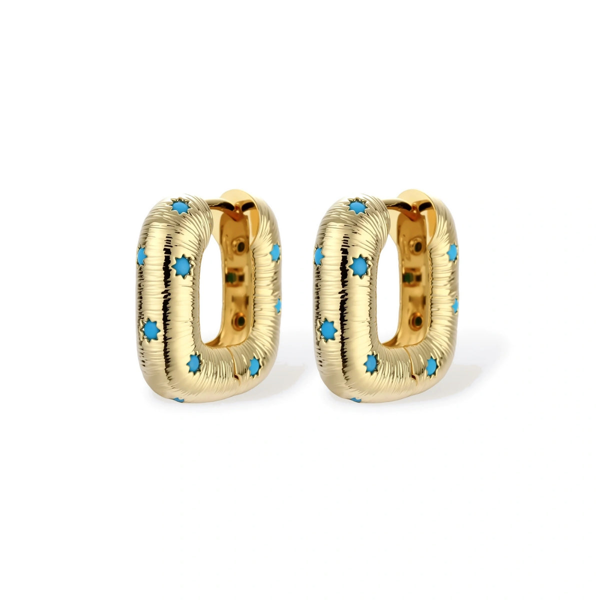 Nova Celestial Hoops pair standing upright showing ribbed gold-tone texture
