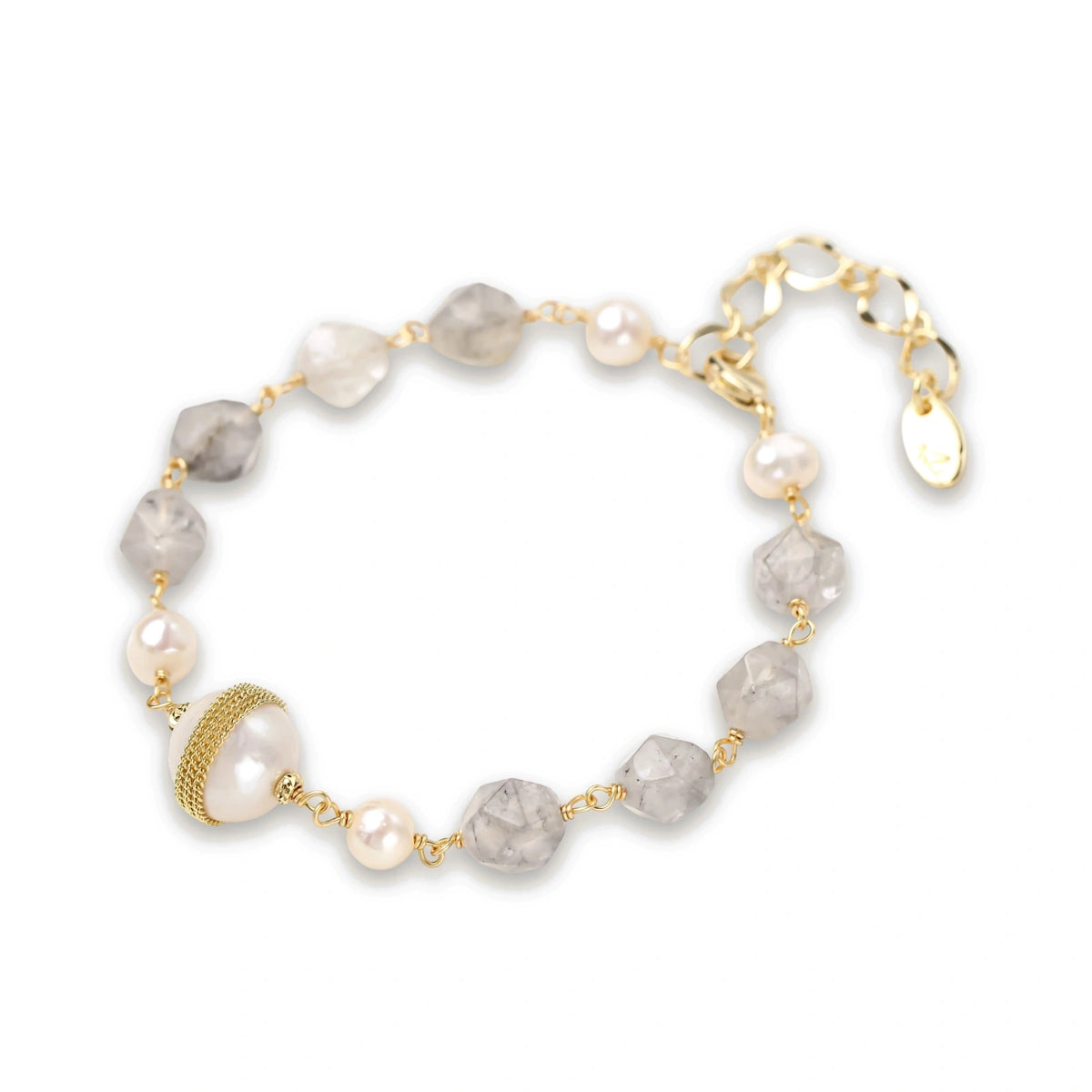 Baroque Pearl Crystal Bracelet in 14K gold-plated recycled brass with grey gemstone beads and freshwater pearls