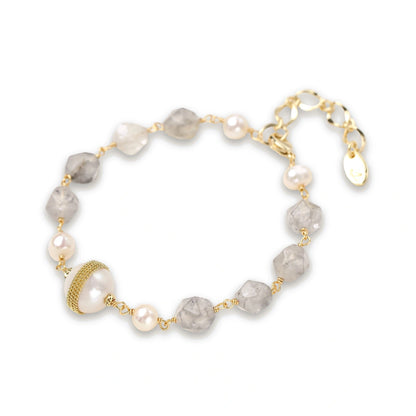 Baroque Pearl Crystal Bracelet in 14K gold-plated recycled brass with grey gemstone beads and freshwater pearls