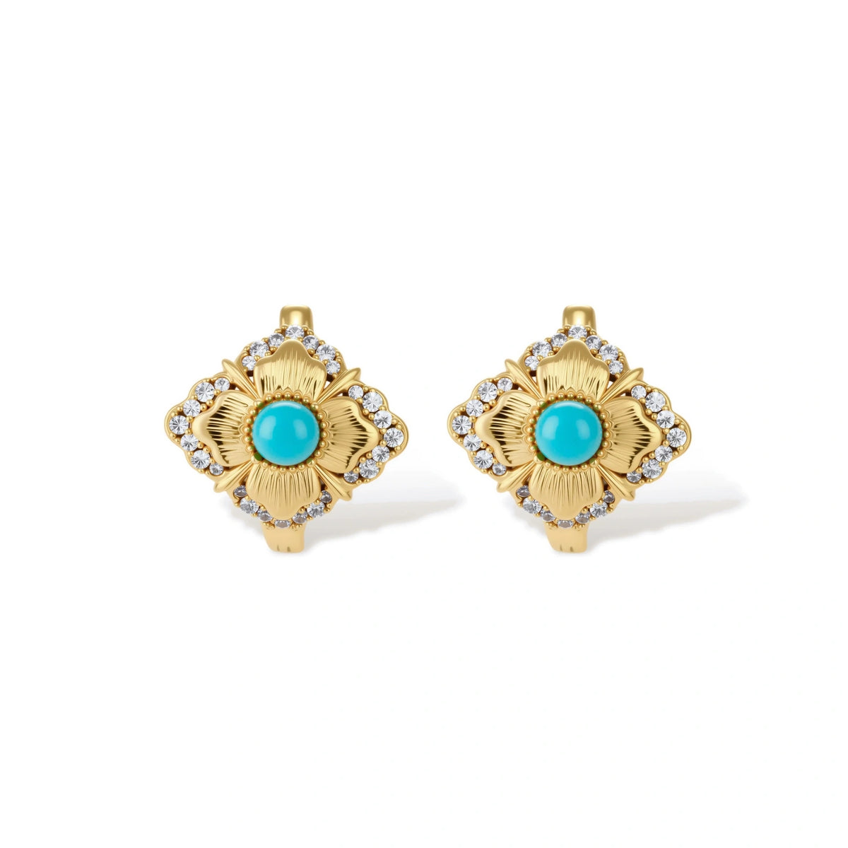 Sylvaine Turquoise Bloom Hoops, close-up of the turquoise cabochon and zirconia detail