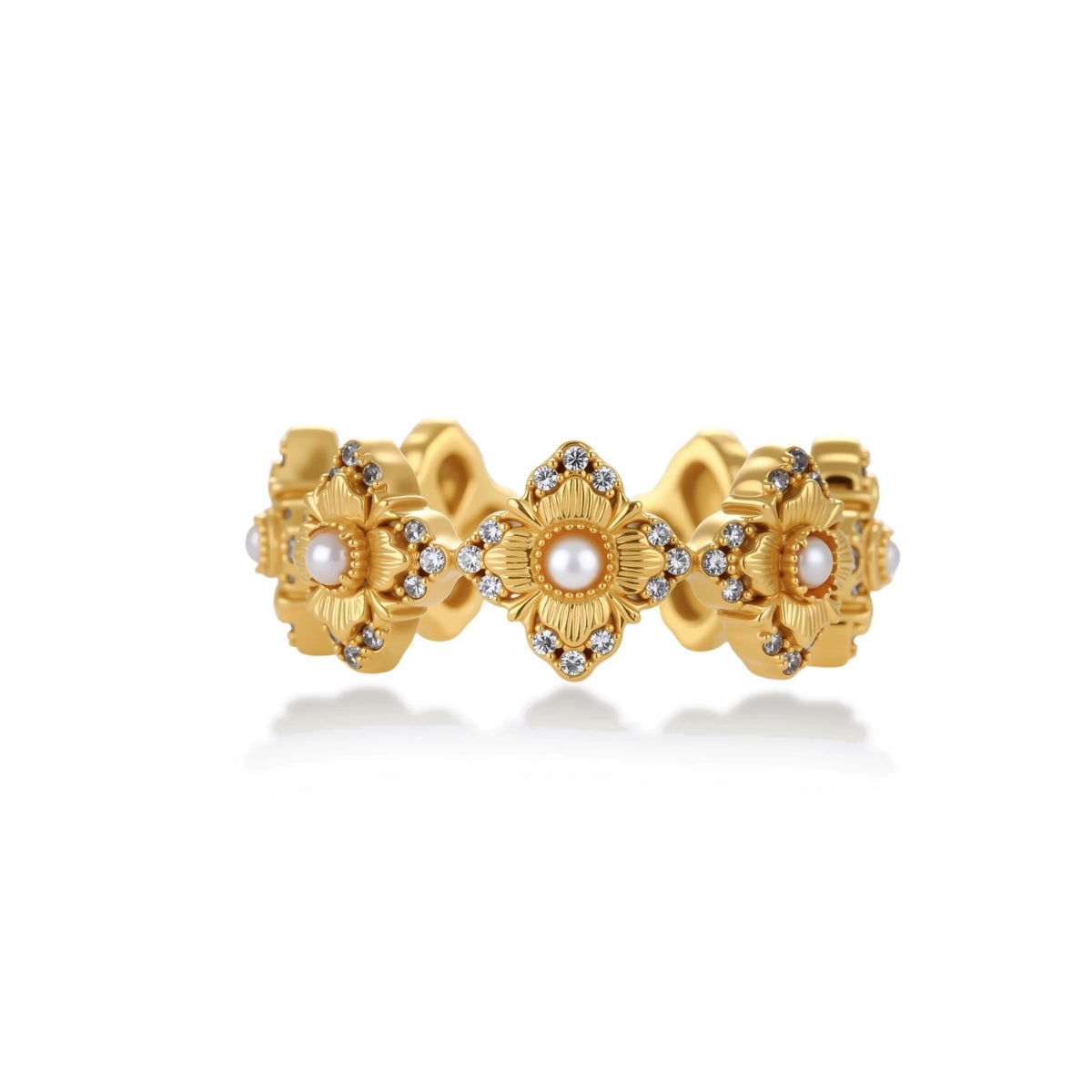 Anneliese Floral Eternity Ring, gold-tone quatrefoil eternity ring, front view
