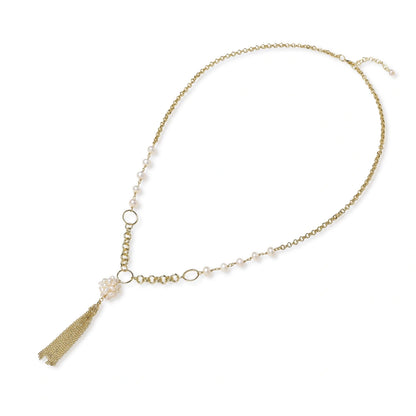 Solenne Pearl Tassel Necklace, close-up of the pearl cluster and tassel detail
