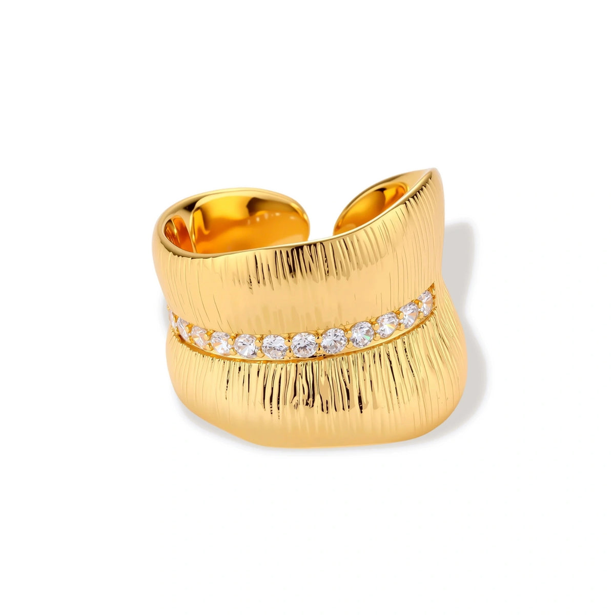 Tamsin Ridged Cuff Ring, close-up of the ridged texture and zirconia detail