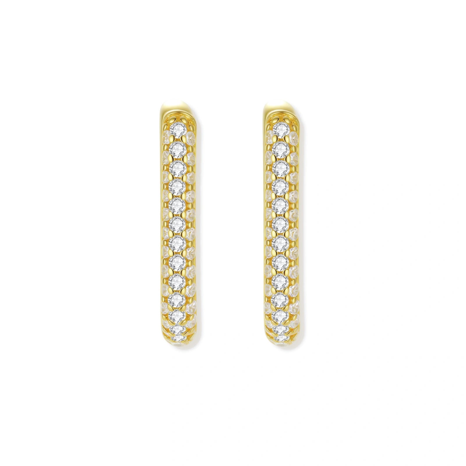 Gold hoop earrings with clear gemstones on a white background