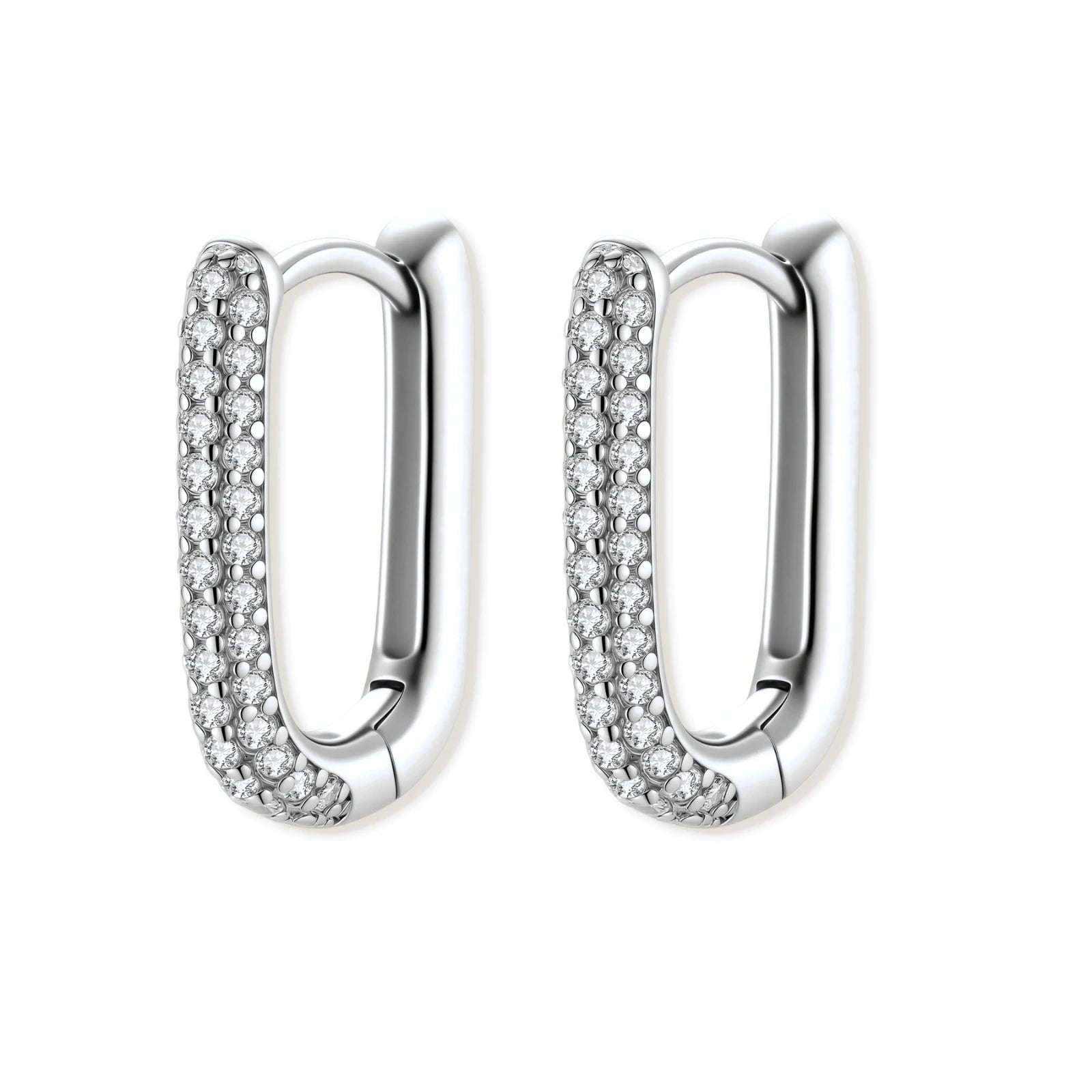 Pair of silver hoop earrings with clear stones on a white background
