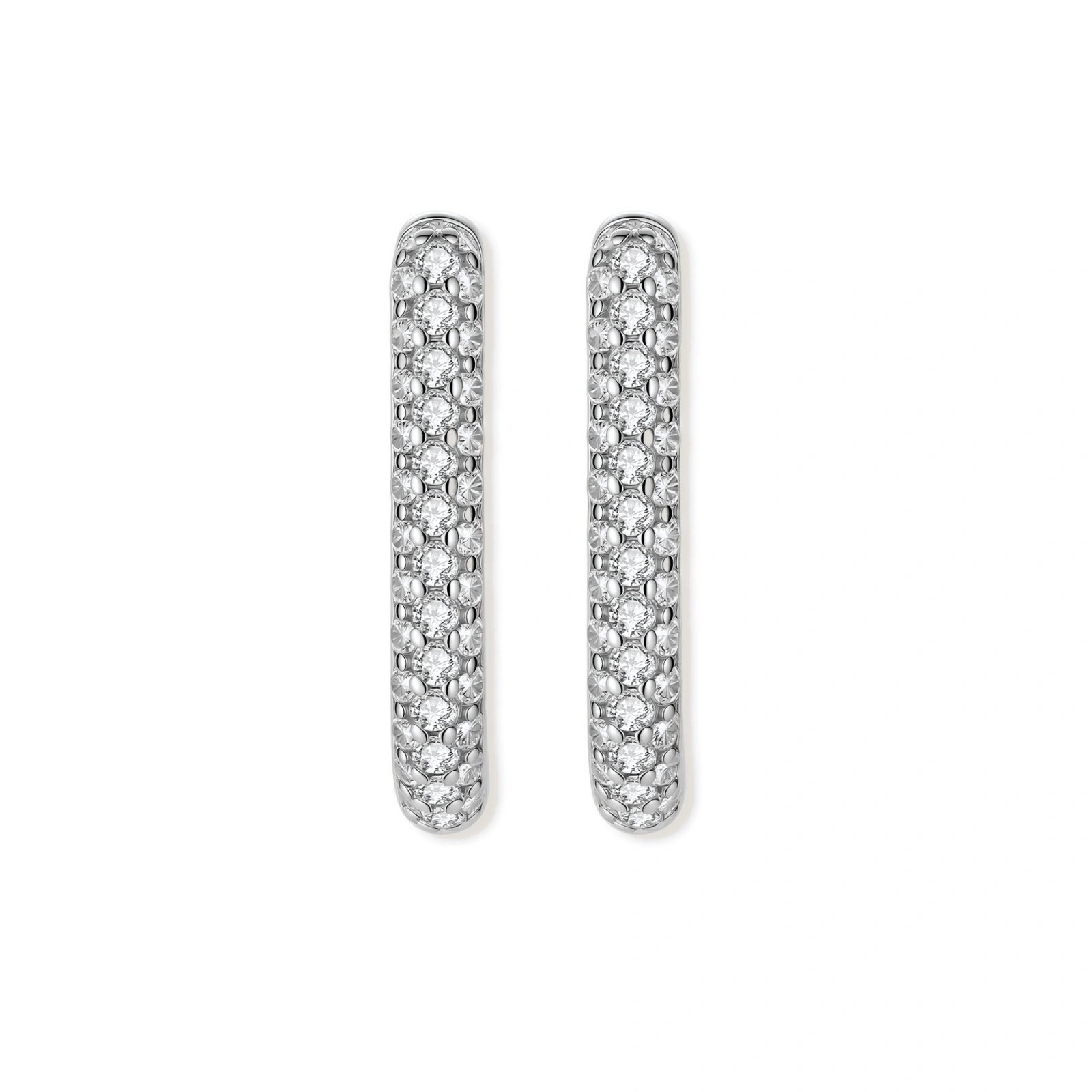 Pair of silver hoop earrings with clear gemstones on a white background
