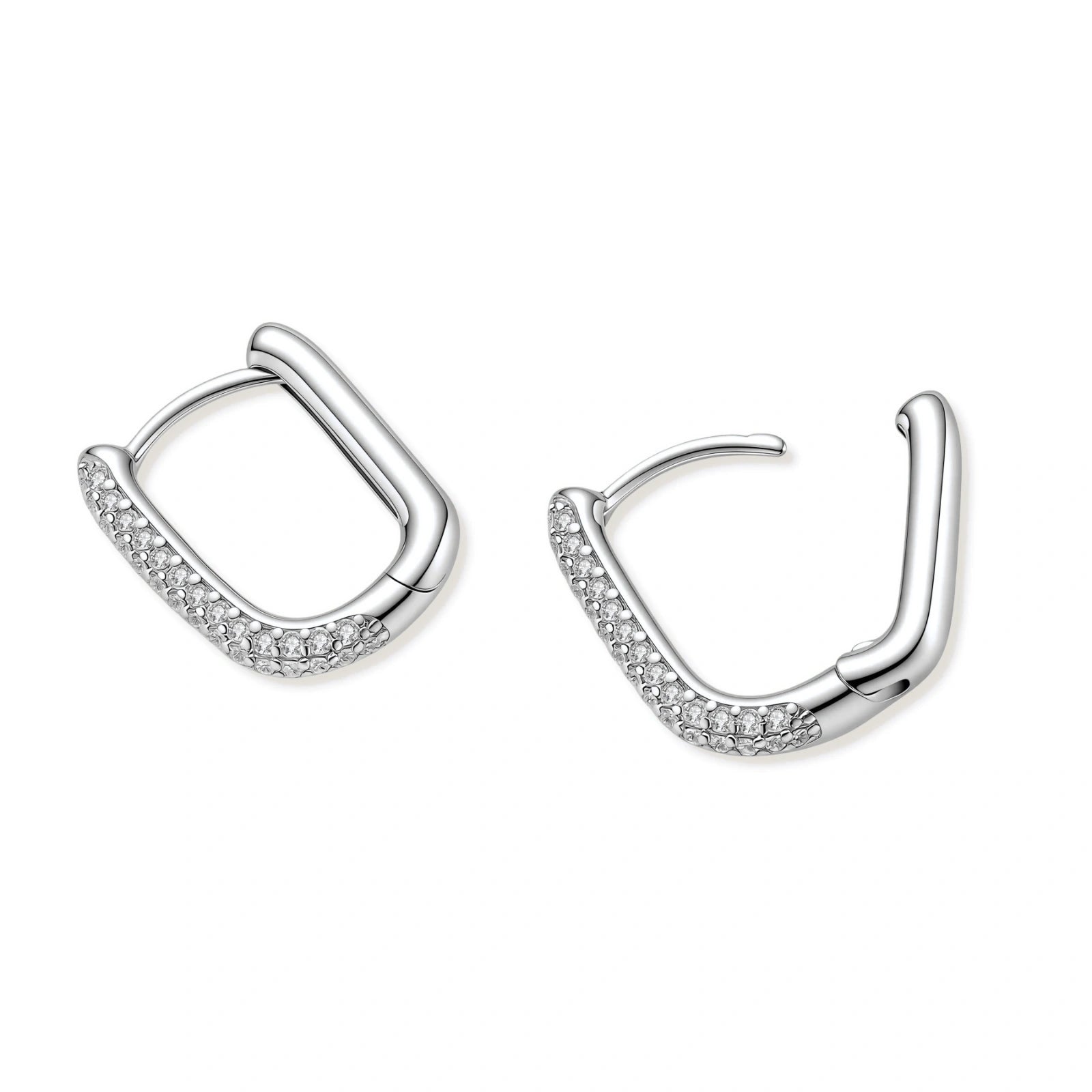Silver hoop earrings with small stones on a white background
