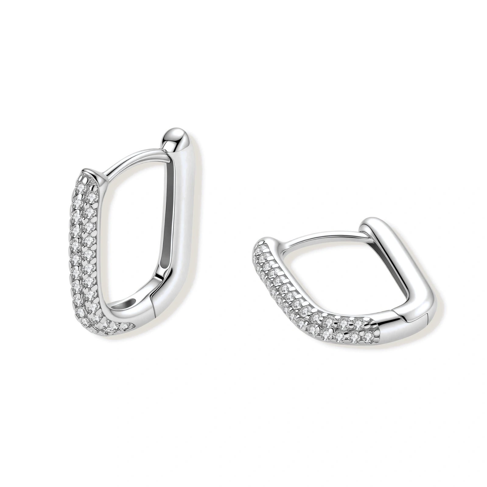 Pair of silver hoop earrings with small diamonds on a white background