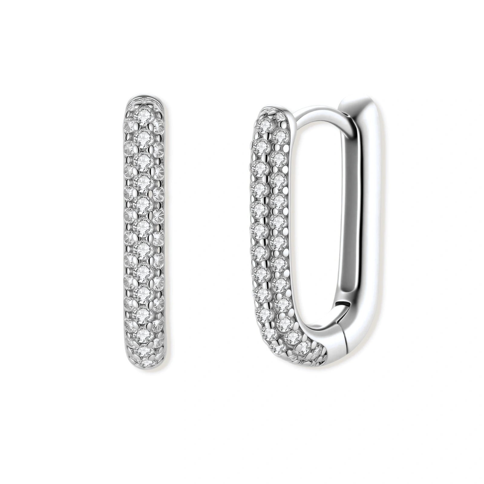 Pair of sterling silver hoop earrings with embedded zircon stones on a white background