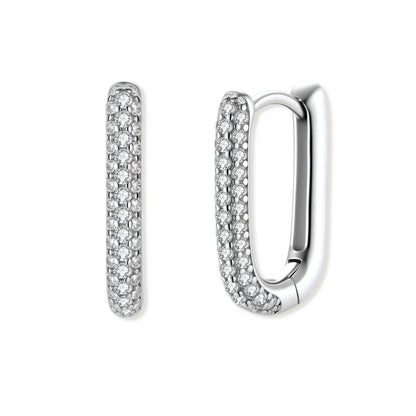 Pair of sterling silver hoop earrings with embedded zircon stones on a white background