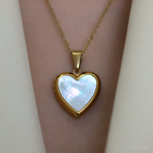 Heart Locket Necklace | Gold or Silver Personalized Pendant | DIY Photo Jewelry | Mother of Pearl Abalone Shell | Sentimental Gift for Her