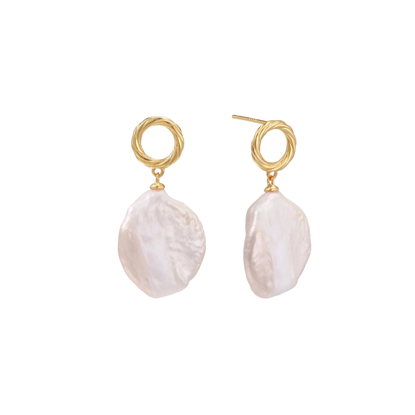 Pair of gold hoop earrings with white pearl drops on a white background
